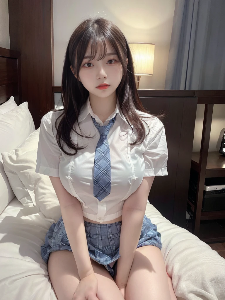 muste piece, best quality, illustration, Super detailed, fine details, High resolution, 8K,wall paper, perfect dynamic composition,(Details High quality, realistic depiction of eyes:1.3), Short mini skirt with gray plaid pattern、White short-sleeved uniform and high socks、(Dark blue tie), nig breasts, short bob hair、black hair color, Big Natural Color Lip, bold sexy pose, (perfect body shape), crying a little、cold gaze, Harajuku style、20 year old girl、cute type、ta、beautiful legs, hotel room, hposing Gravure Idol, Voluptuous thighs