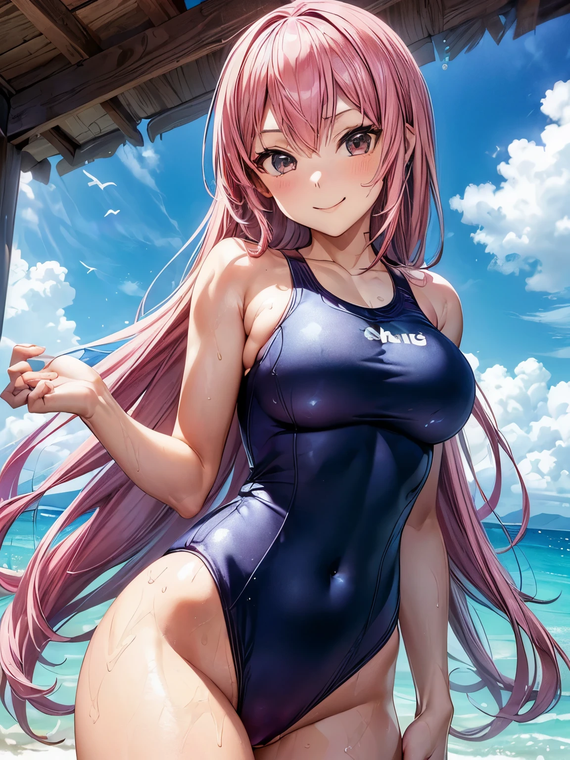 highest quality、nice sexy body、one woman、solo、((Beautiful busty woman:1.3))、(Pink haired woman:1.5)、straight hair woman、(long hair woman:1.3)、(A woman wearing a navy blue one-piece school swimsuit:1.5)、Tahiti、resort beach、big smile