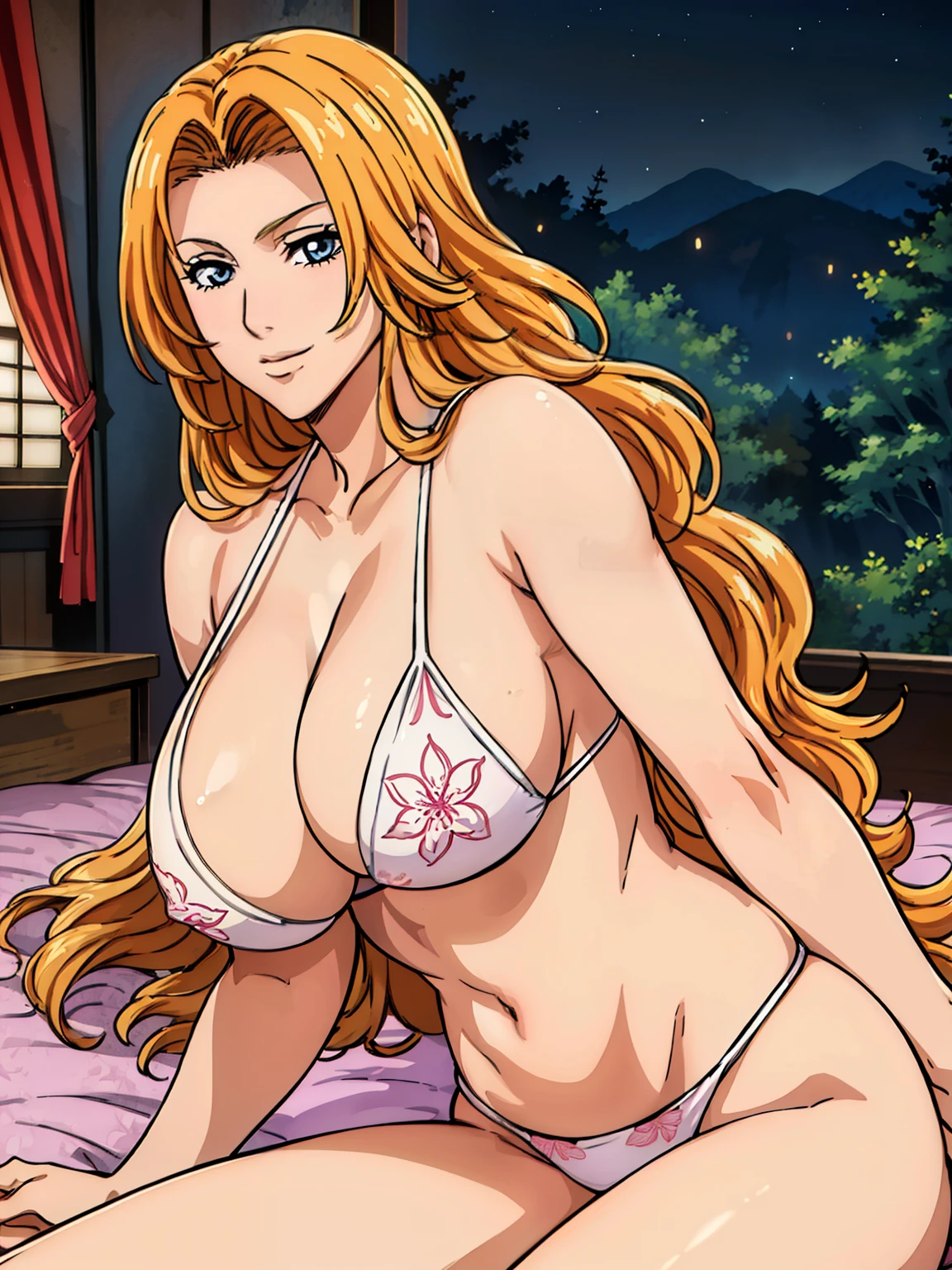 (lying, on side), flower pattern bikini, window, forest night view, (inside red tent camp background), matsumoto rangiku, takeda hiromitsu style, anime cels style, best quality, high resolution, (huge breasts:1.3), cowboy shot, (potrait body), blushing, smiling, blue eyes, Blonde hair, bangs,Long_hair, 1 girl, looking at viewer, beautiful face, Beautiful Finger, Beautiful long legs, Beautiful body, Beautiful Nose,Beautiful character design