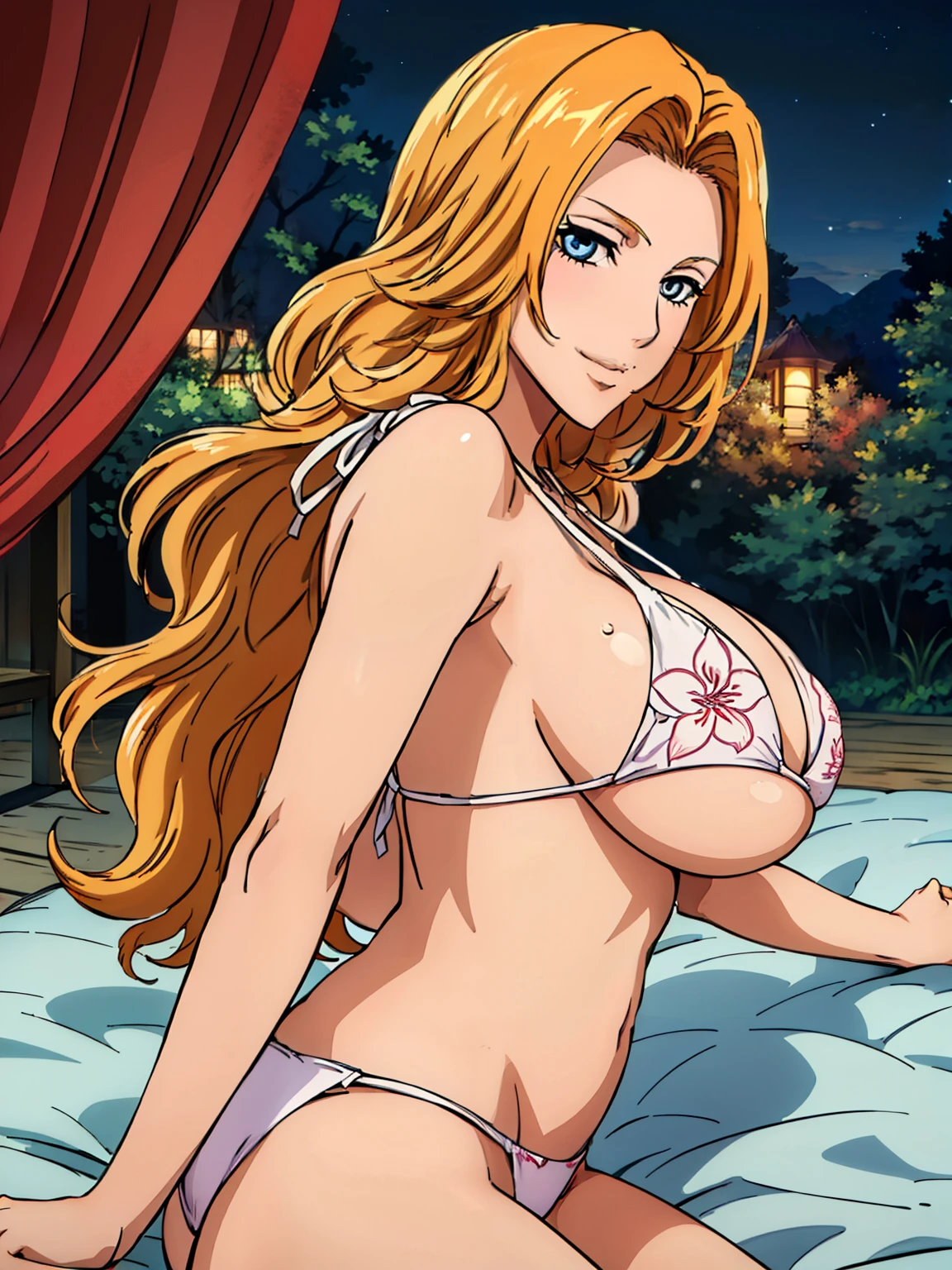 (lying, on side), flower pattern bikini, window, forest night view, (inside red tent camp background), matsumoto rangiku, takeda hiromitsu style, anime cels style, best quality, high resolution, (huge breasts:1.3), cowboy shot, (potrait body), blushing, smiling, blue eyes, Blonde hair, bangs,Long_hair, 1 girl, looking at viewer, beautiful face, Beautiful Finger, Beautiful long legs, Beautiful body, Beautiful Nose,Beautiful character design