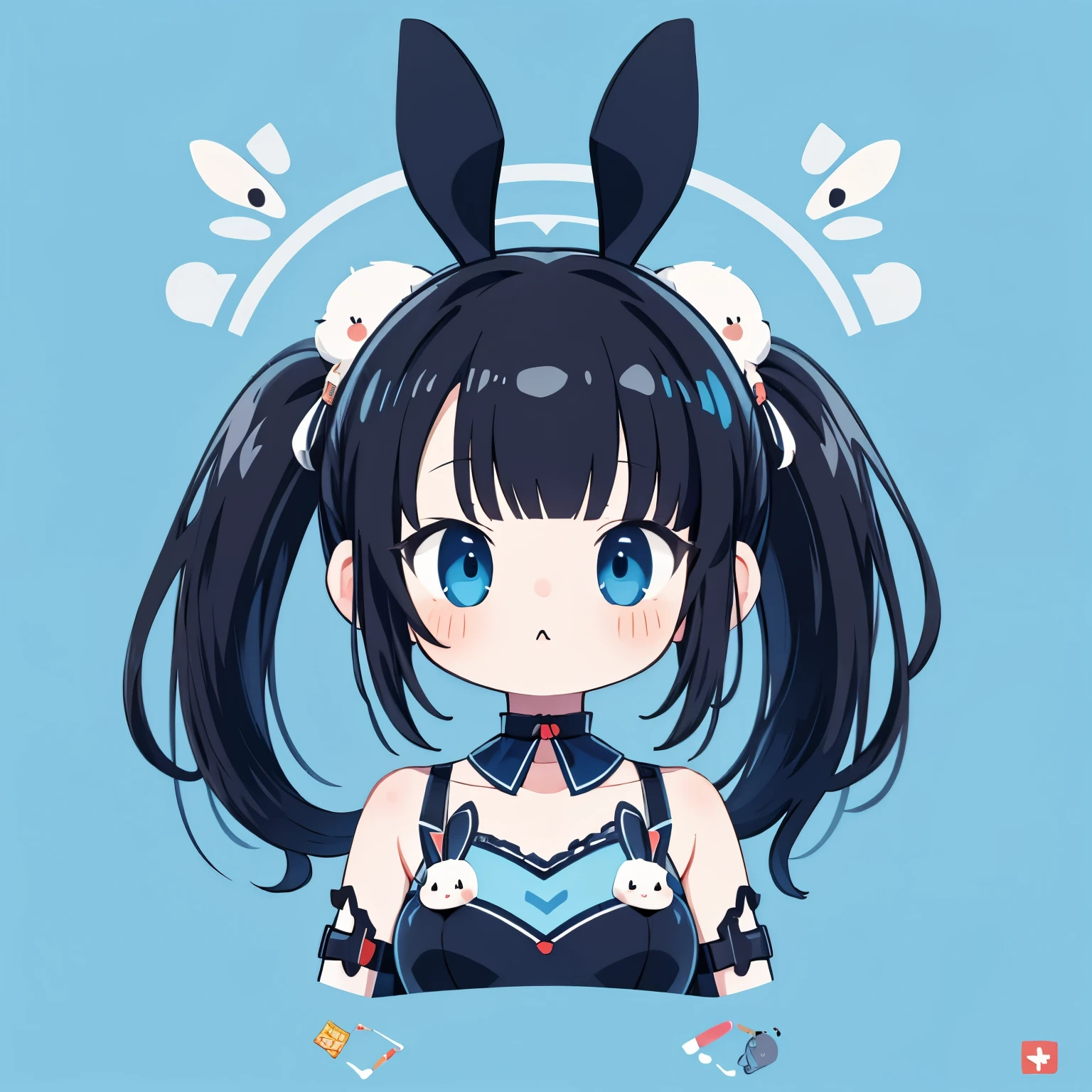 masterpiece, best quality, absurdres, illustration, black,Cyber Punk,
1 girl, playboy bunny, anime character, kawaii, cute, fuwafuwa,black hair,twin tail hair, blunt bangs,blue eyes, choker,
postcard,