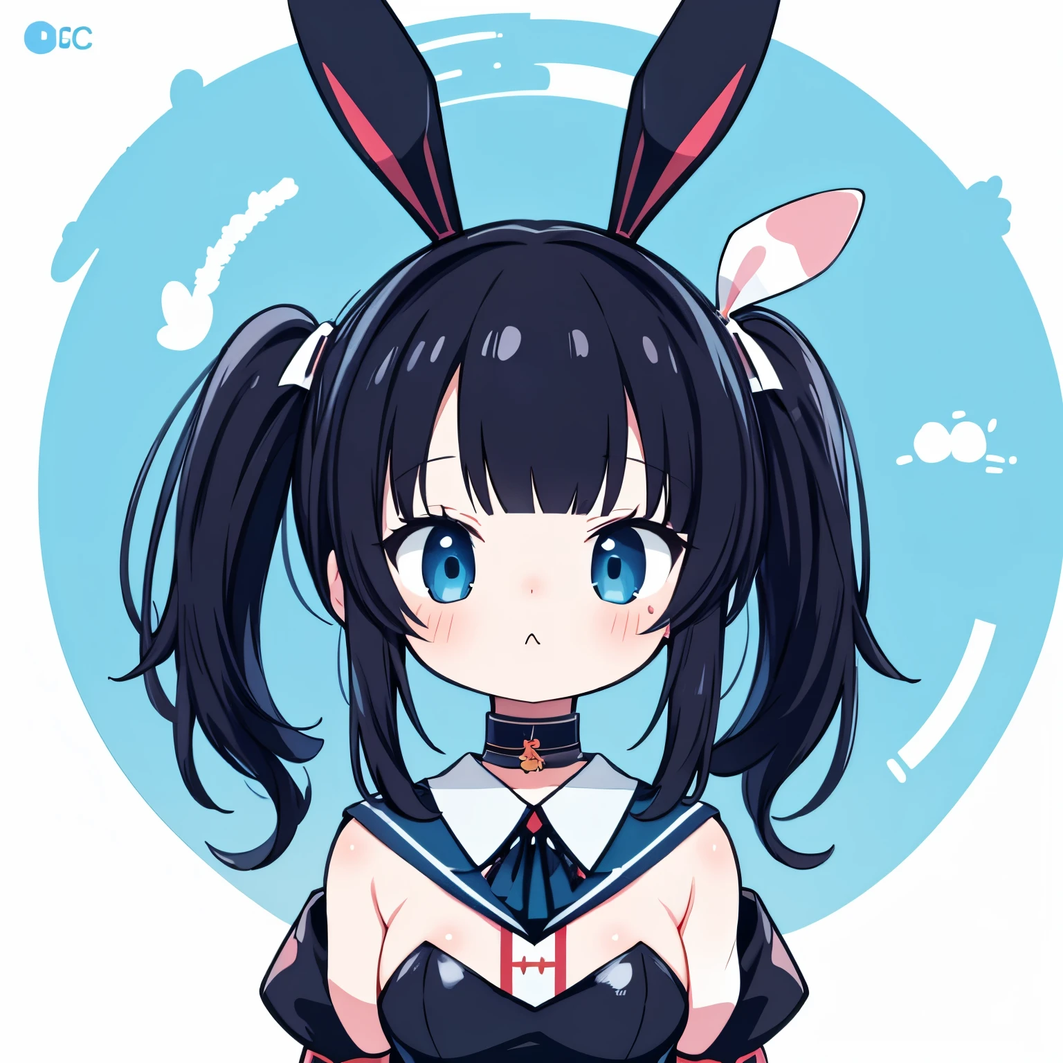 masterpiece, best quality, absurdres, illustration, black,Cyber Punk,
1 girl, playboy bunny, anime character, kawaii, cute, fuwafuwa,black hair,twin tail hair, blunt bangs,blue eyes, choker,
postcard,