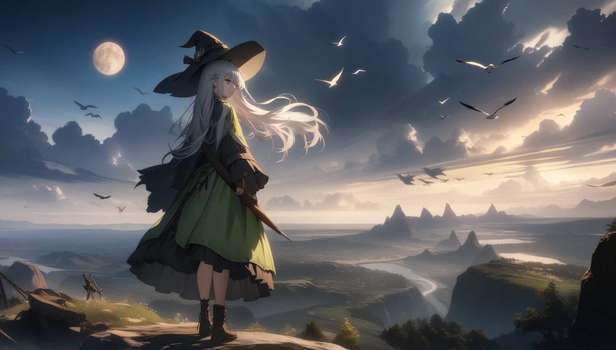 32k, best quality, ultra high res, HDR, UHD, extremely detailed CG, unity 32k wallpaper, highest quality, very detailed, masterpiece, Super detailed, cloud, witch_have, have, 1 girl, null, green_null,Day, length_hair, cloudy_null, moon,bird, alone, Silver_hair, witch, outdoor,