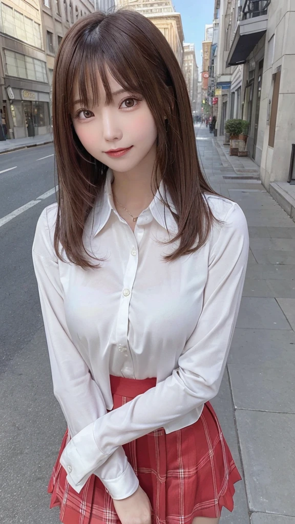 masterpiece, highest quality, High resolution, amazingly beautiful woman, spring fashion, Wearing a light outer layer and shirt, Red Check Skirt, straight hair, small breasts, natural color lips, smile, Daytime cityscape, looking at camera, full body shot,The shirt does not expose any skin,