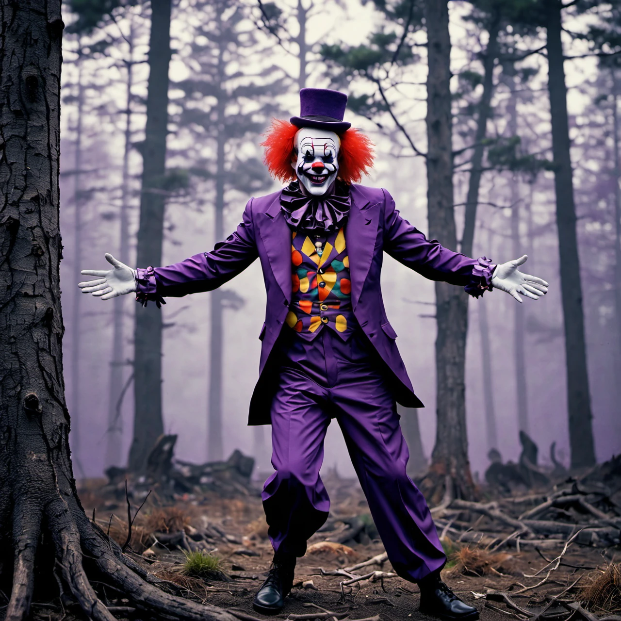 Many Clowns with clown heads coming out of trees in A place with a morbid look that resembles a funeral, pine trees (foggy:1.2), silhouetted in soft shadow (full body photograph:1.2) (Purple Mountain Majesty clown outfit:1.3) (beautiful supermodel:1.1) dancing with arms out detailed background bokeh Fairypunk art by Commedia dell'Arte art by Koloman Moser BY Ferrofluid art by tim flach--v 6.0 --ar 4:3 --style raw --s 650 --v 6.0