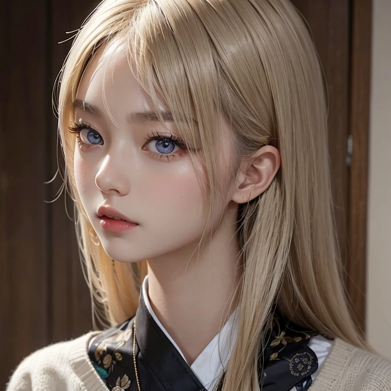 Asian young woman with blond hair and light grey eyes