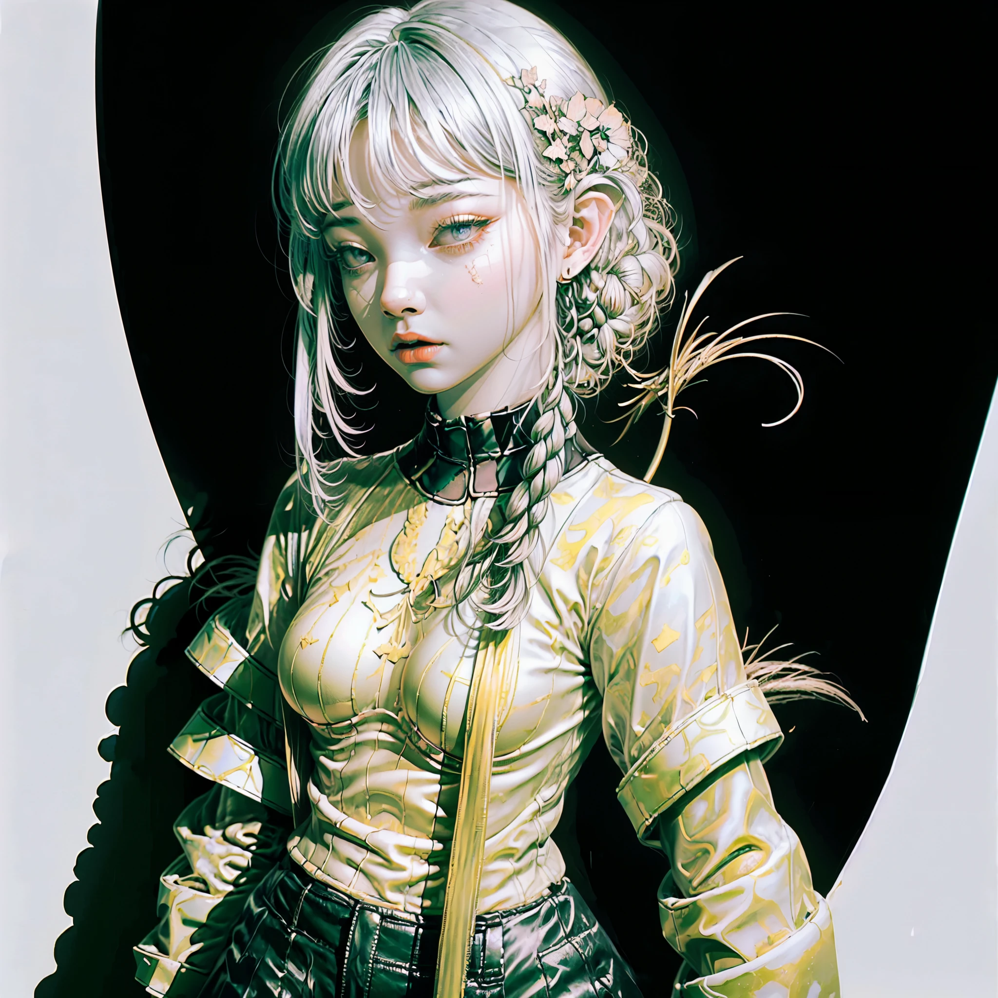 ((Create one girl 16+ years old.), (Full-length), (1 elf), (1 girl), (sexy), (One, bangs, dyed red hair) (White cyber-skull armor), ( long black tights with gloves),(wearing black outfit, holding sword, Ross Tran 8k, 3D character rendering 8K, Ross Tran style, Russell Dongjun Lu, Ross Tran style))_((Green:1.5, Orange:1.1, white: 1.3, yellow: 1.3))_ ((very sexy girl with dreadlocks, tattoos, bare parts of the body), ((down jacket on the naked body, T-shirt, thong))_((Beautiful figure, half-turn 16+ years) ,(realistic)), ((small peach breasts, graceful figure, narrow waist, smooth hips), (long double braids), (tight braids), (braided hair), (dark hair), (red lips), (smile ))_((Shiny skin:1.5, white skin, light skin:1.5)), ((sexy), (cute))_((amazing character designs, quiz style artwork, hyper detailed fantasy character, by Ross Tran!!!, ross-draws 1. 0, epic exquisite character art)).((Fractals, lights, leaves, fog, cherry blossoms, circles background))_((Chiaroscuro, contrast, warm-cold), (atmospheric rendering), (best quality), (Virtual realism))_((Digital painting, anime style, cyberpunk), (best quality, 4k, high resolution, masterpiece: 1.2))((ultradetailed), (realistic, photorealistic , photorealism: 1.37))_((Soft clear shapes, broad strokes, attention to detail))_((High quality, 16K | Ultra HD | Full HD)).