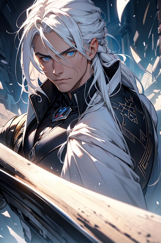 1 person, adult, ((masculine)), Long platinum hair, high, masculine, Rothes Haar, Blue eyes, Rafe, philosopher, Ernst, Exquisite clothing, difficult, Tiefenfeld, Dynamic light source, (Best quality), (masterpiece)