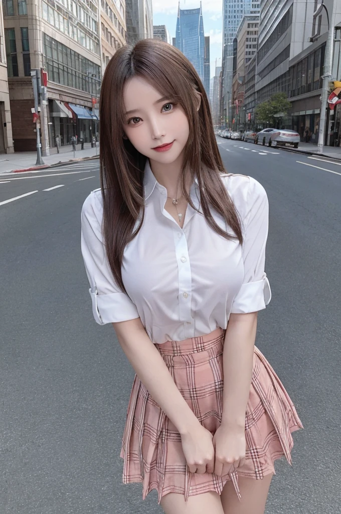 masterpiece, highest quality, High resolution, amazingly beautiful woman, spring fashion, Wearing a light outer layer and shirt, Red Check Skirt, straight hair, small breasts, natural color lips, smile, Daytime cityscape, looking at camera, full body shot,The shirt does not expose any skin,