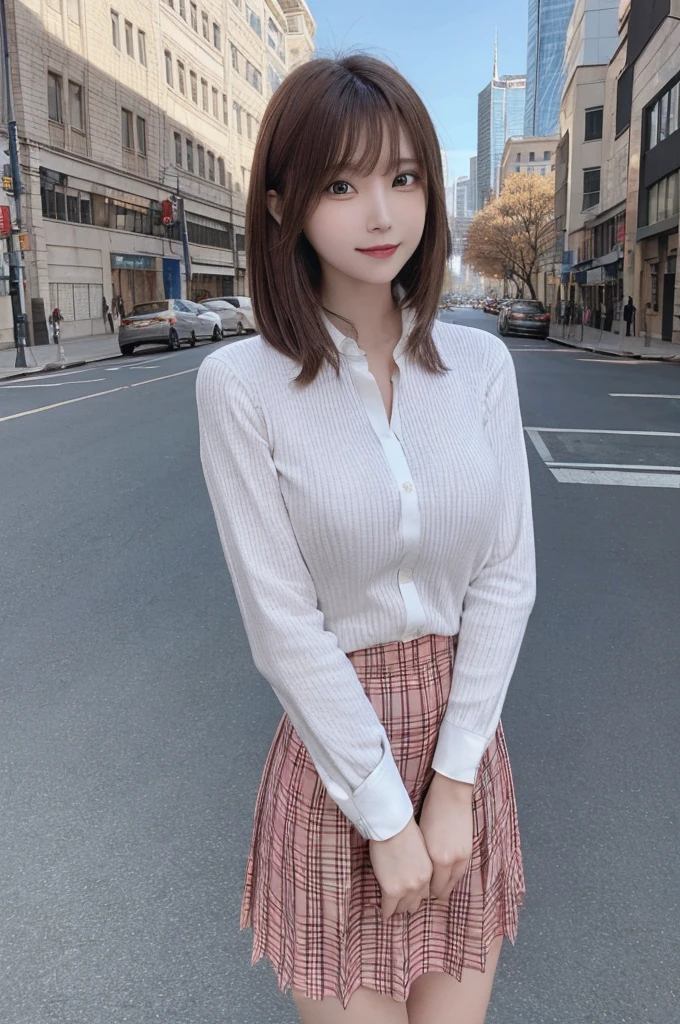 masterpiece, highest quality, High resolution, amazingly beautiful woman, spring fashion, Wearing a light outer layer and shirt, Red Check Skirt, straight hair, small breasts, natural color lips, smile, Daytime cityscape, looking at camera, full body shot,The shirt does not expose any skin,