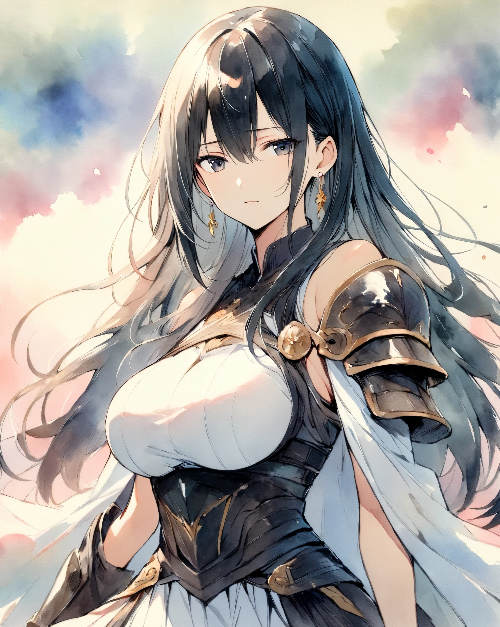 masterpiece, best quality, watercolor (medium), 1 girl, breast, alone, semi long hair, split, Red and black hair, black eyes, earrings, Bangs, jewelry, skirt, bare shoulders, sleeveless, hair between eyes, 单pauldron, looking at the audience, large breast, armor, shoulder armor, sleeveless skirt, Upper body, single sleeve, white skirt, pauldron, 