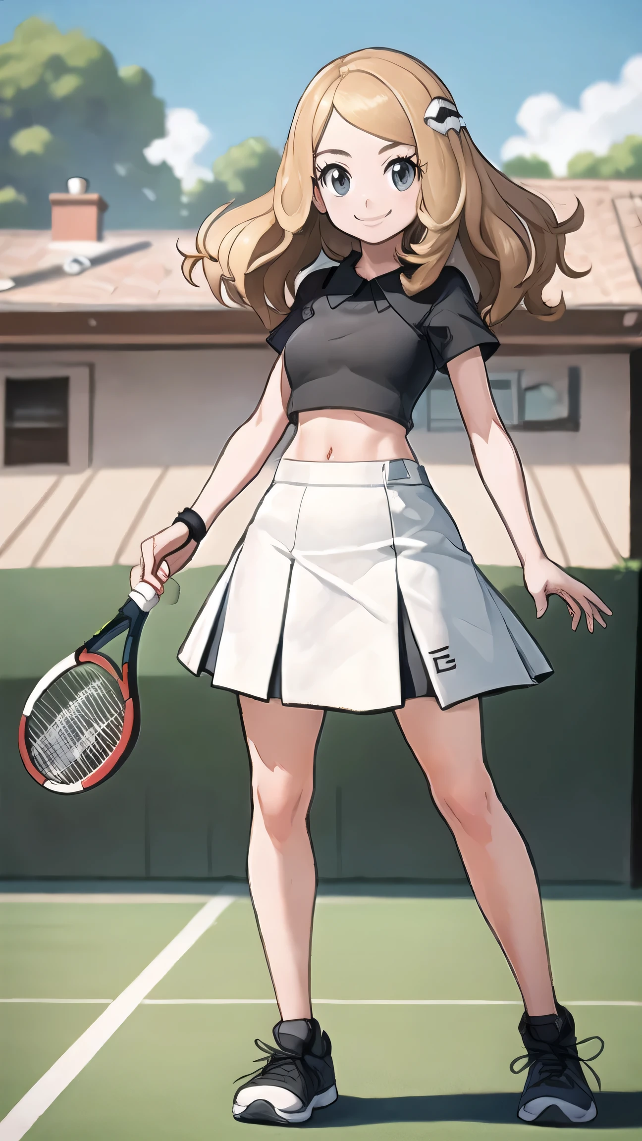 Setena wearing tennis clothes with short white skirt and holding tennis racket in her hand and smiling in the broad day light.(Full body)