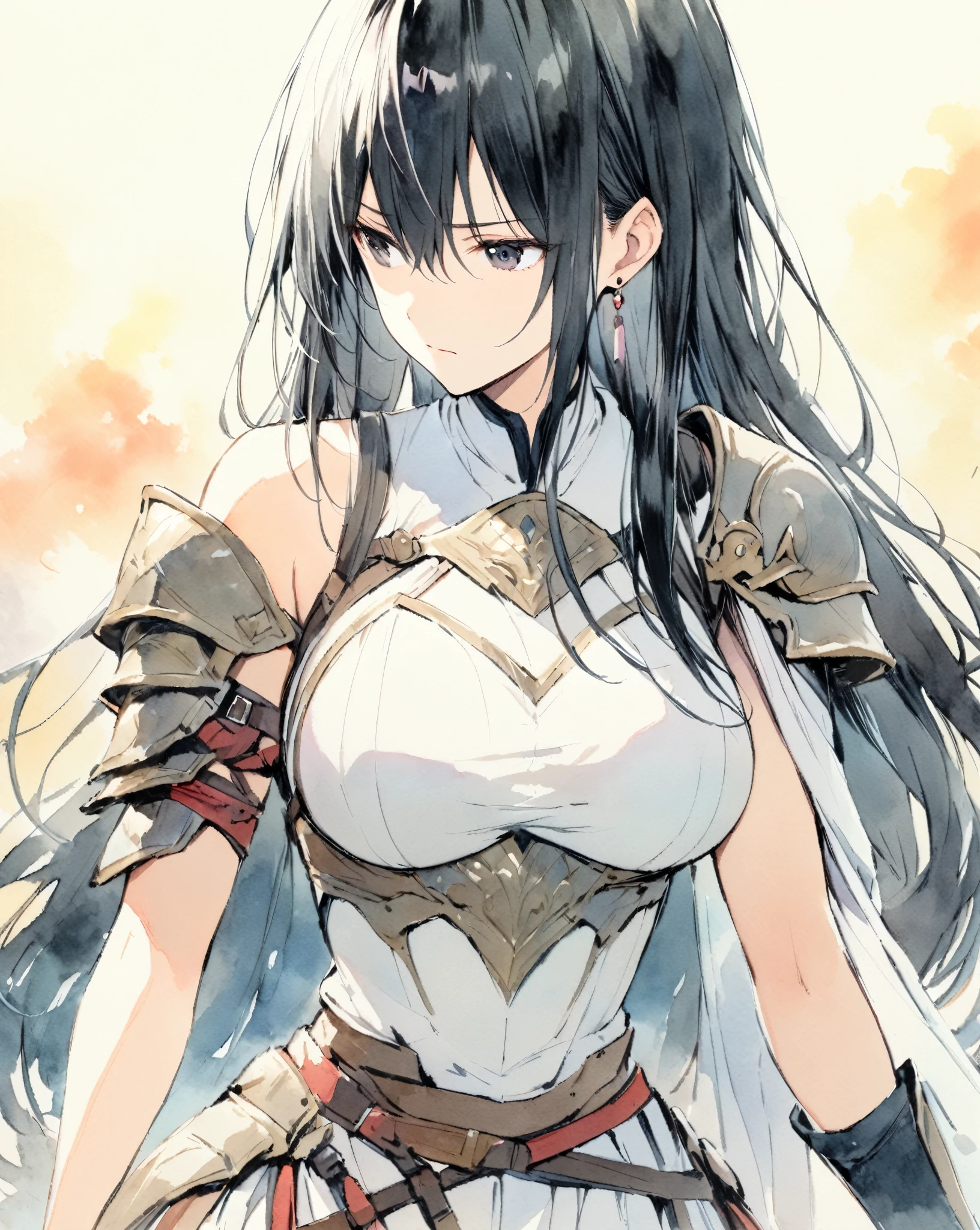 masterpiece, best quality, watercolor (medium), 1girl, , alone, semi long hair, split, Red and black hair, black eyes, earrings, Bangs, jewelry, skirt,  shoulders, sleeveless, hair between eyes, 单pauldron, looking at the audience, large , armor, shoulder armor, sleeveless skirt, Upper body, single sleeve, white skirt, pauldron, 