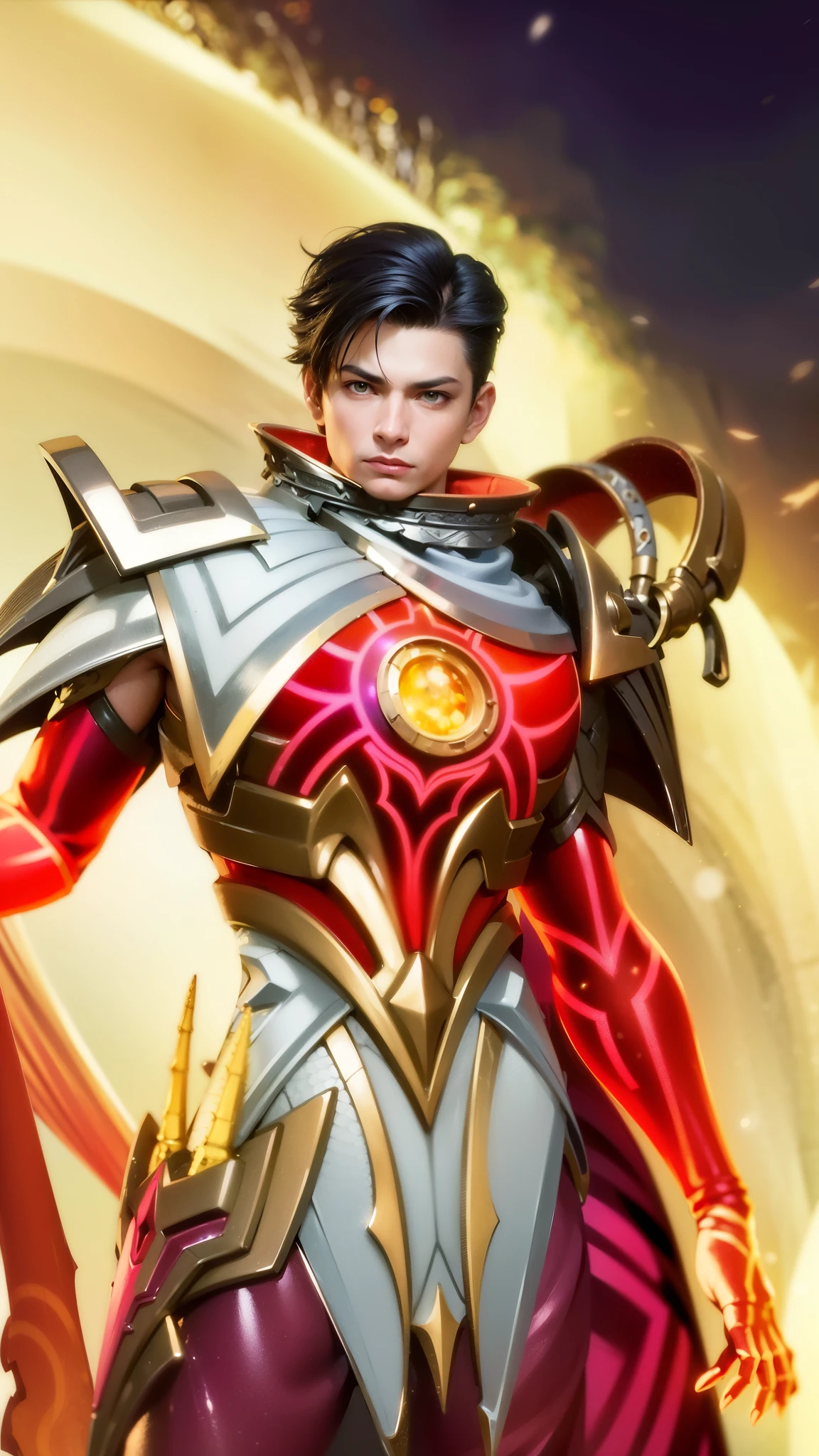 a close up of a person in a costume holding a sword, draconic looking armor, masculine male, masterpiece, ((perfect eyes)) best quality, (semirealism:1.9), beautiful lighting, (extremely detailed CG unity 4k fhd wallpaper), High Detail, Sharp focus, dramatic outdoors, 1 boy ,19 years old, black short hair, yellow eyes.