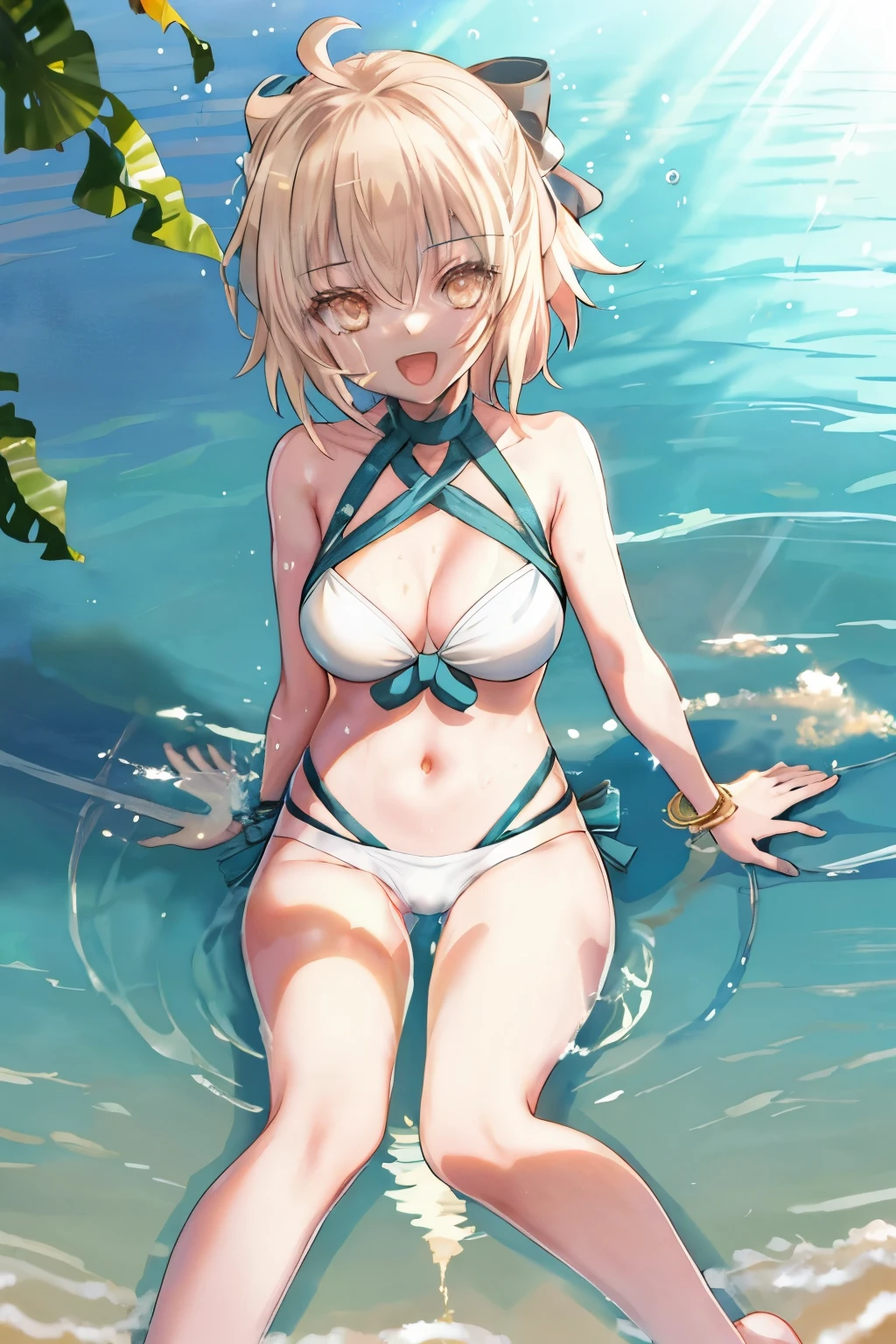 masterpiece, best quality,extremely detailed CG unity 8k wallpaper,
1girl,okita souji \(fate\), swimsuit,bikini,
 smile,open_mouth,sitting,sunlight,splash_of_water,happy,gold_eyes,half_eyes,apart_legs,rising_knee,open_legs,covered_pussy,