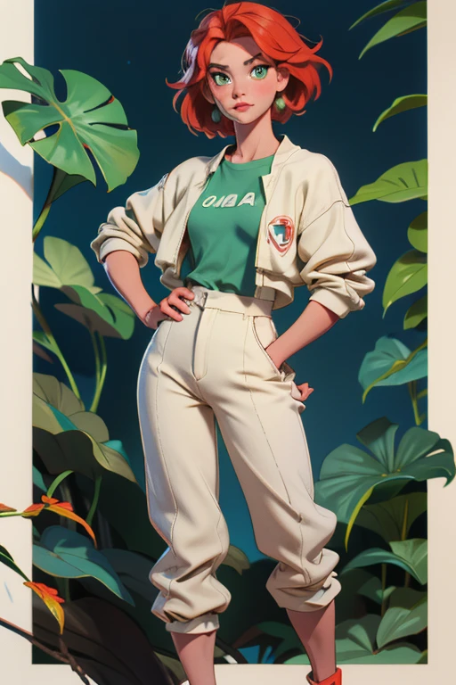Garoto ruiva de olhos verdes, blusa branca, beige pants, white sneakers 