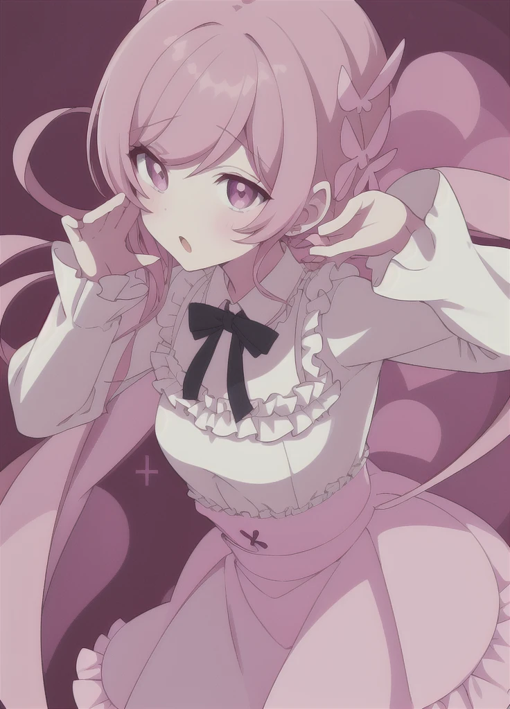 Girl with pink hair, long twin-tail hairstyle, (small bushy pink eyebrows), dressed in gothic lolita clothing, lolicon (Zankuro) drawing style by zankuro artist, Zancro style, image uploaded to R34, (in a church full of people), , flirty smile, lifting her dress to show her wide, naked hips, underwear in her hands, breasts out, wearing a wedding dress