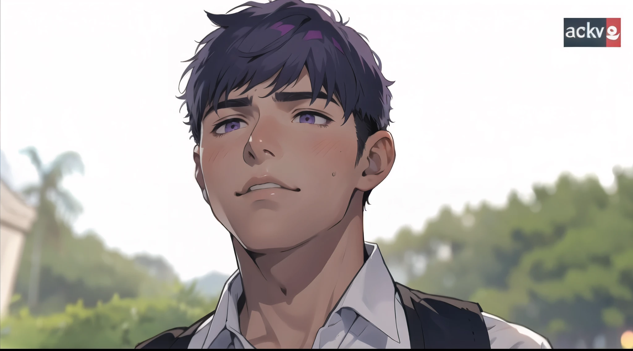 cute boy is upset purple eyes purple hair