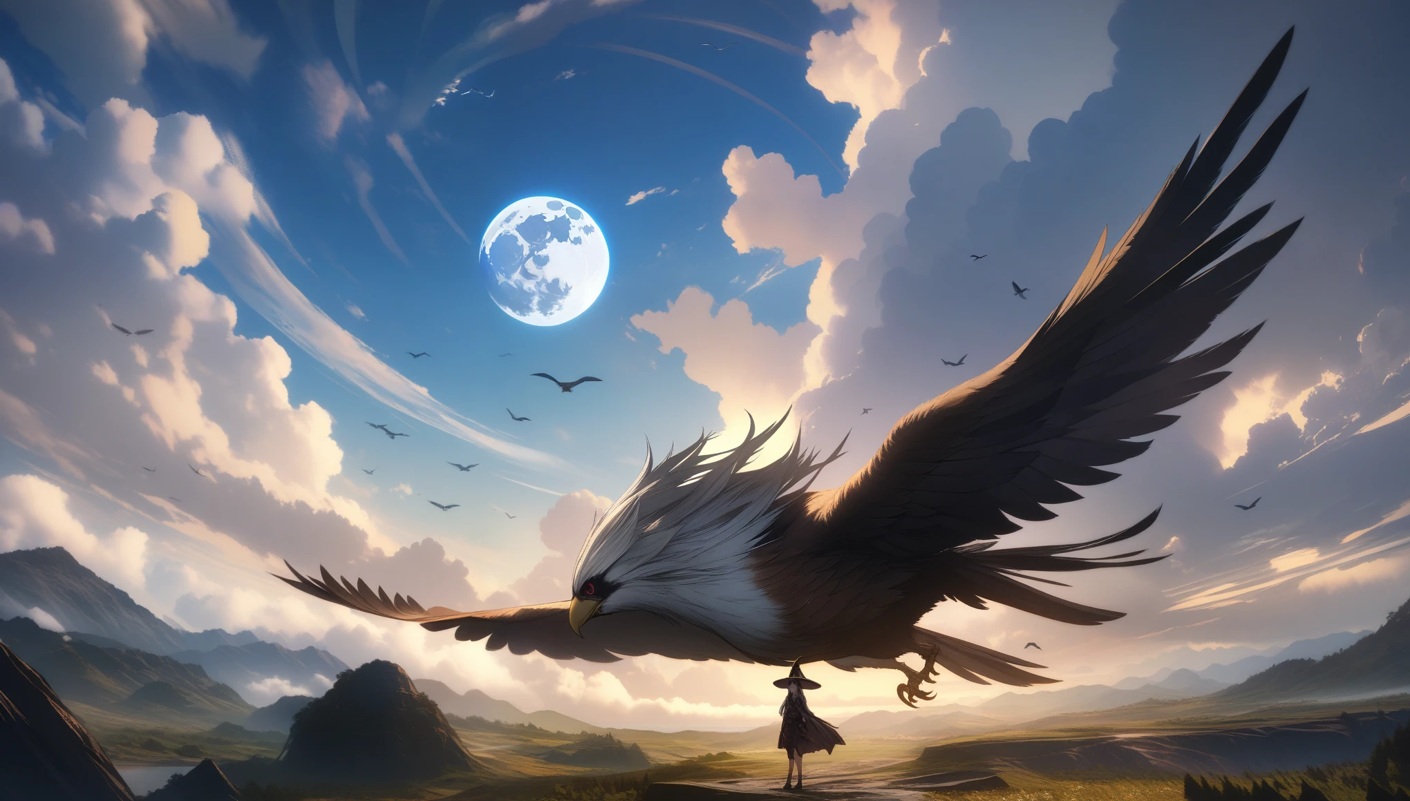 32k, best quality, ultra high res, HDR, UHD, extremely detailed CG, unity 32k wallpaper, highest quality, very detailed, masterpiece, Super detailed, cloud, witch_have, have, 1 girl, null, green_null,Day, length_hair, cloudy_null, moon,bird, alone, Silver_hair, witch, outdoor,  