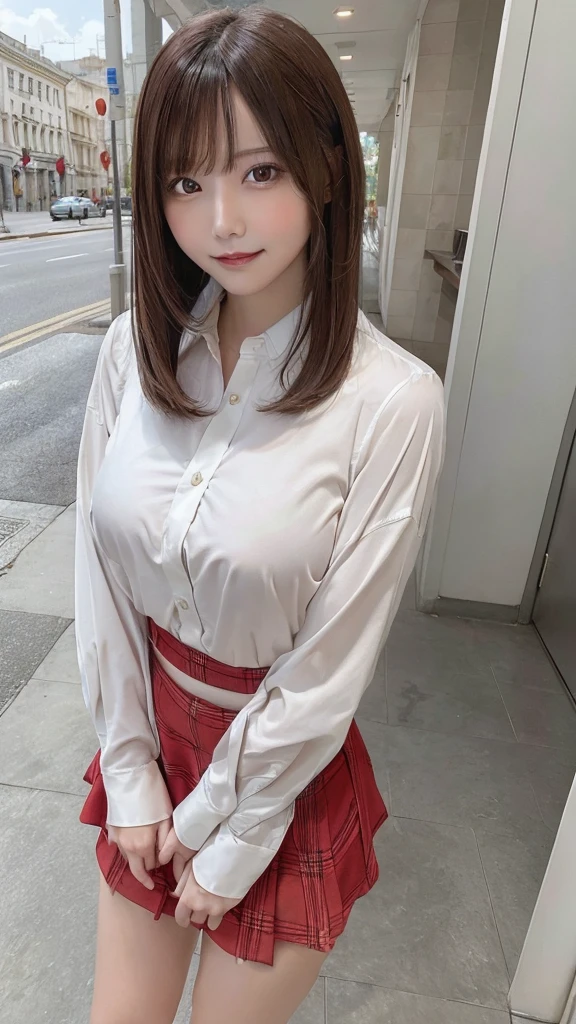 masterpiece, highest quality, High resolution, amazingly beautiful woman, spring fashion, Wearing a light outer layer and shirt, Red Check Skirt, straight hair, small breasts, natural color lips, smile, Daytime cityscape, looking at camera, full body shot,The shirt does not expose any skin,