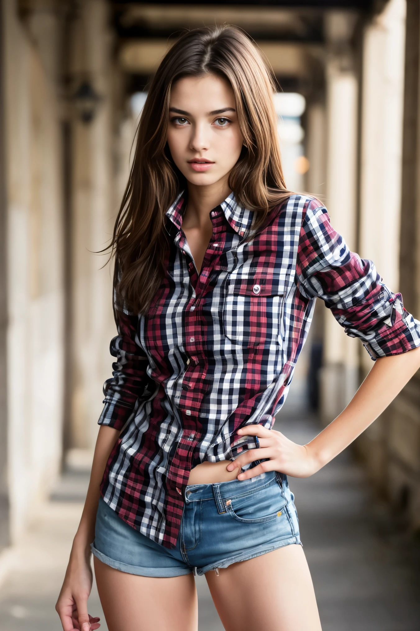 (bestquality,realistic:1.2),(brunette hair:1.1),(French:1.1),(sexy:1.1),(slim figure:1.1),(18 years old:1.1),(handcuffed:1.1),(checkered shirt:1.1),(rolled-up sleeves:1.1),(hands up:1.1),(visible legs:1.1),(open mouth:1.1),illustration,fashionable background,detailed eyes,detailed lips,high definition,professional lighting,vivid colors