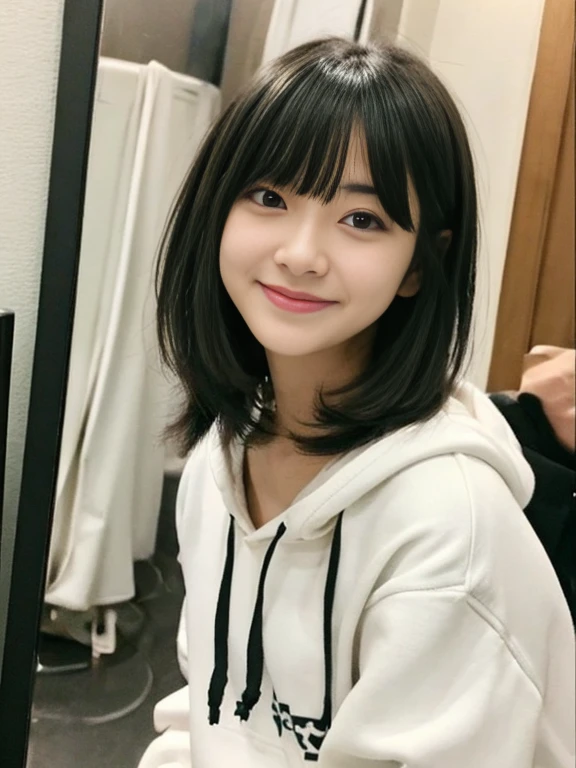 Self snap、、black hair、center parted bangs、plain white hoodie、alone、in front of the mirror、｛1. Front hair pinned back.5｝, amount、portrait、very short hair、1 person、Big eyes、｛male｝、cute、cuteポーズ、Grab your cheek、smile、maleの子ish、maleの子、small face