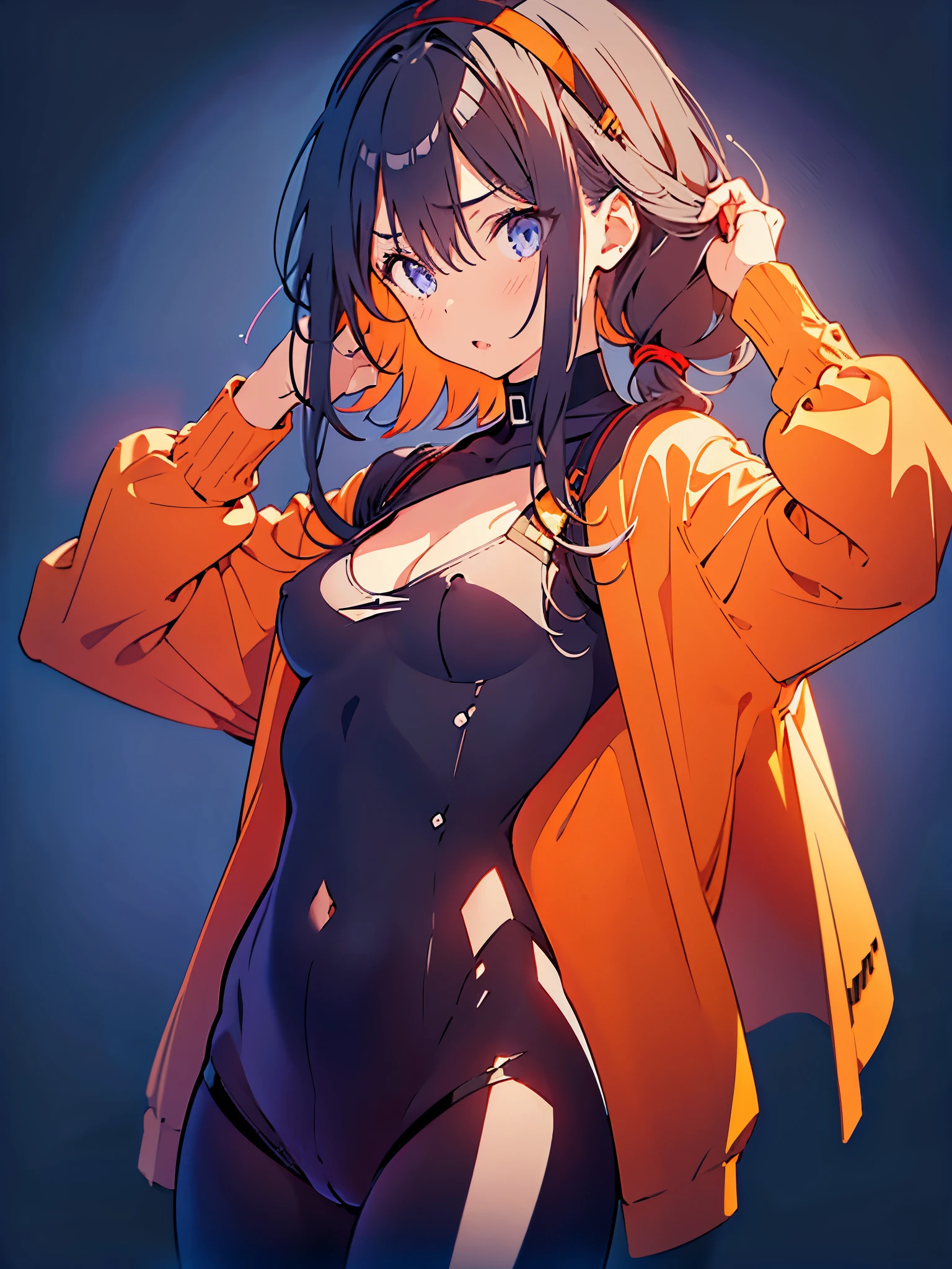 1girl,adjusting hair,black hairband,blue eyes,bodysuit,dated,grey background,hair between eyes,hairband,hip vent,long hair,long sleeves,looking at viewer,low-tied long hair,open mouth,orange bodysuit,parted lips,purple background,red hair,signature,solo,standing,thick eyebrows