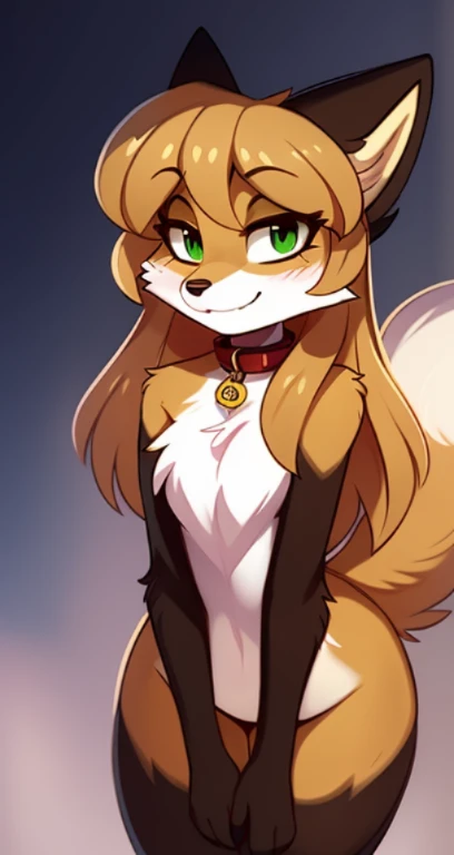 Nervous smiling, uploaded the e621, beautiful and detailed, woman (((female))) ((anthro)) Fox, (Averi, Fox girl), by waspsalad, by phluks, by zero-sum, cinematic lighting, Fox, (anthro, fluffy fur, character focus:1.1), 1girl, anthro fox girl, body fur, curvy, sexy, nice, cute, hot, comfortable anime-style cartoon-style, digital drawing, collar, (half-closed eyes), green eyes, bent over