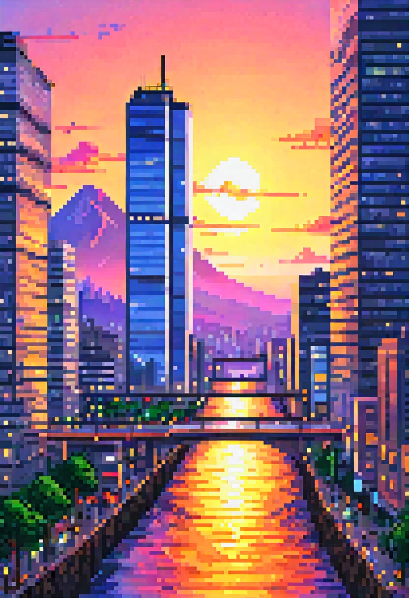 pixel art, (((sunset))), flat color, Golden ratio, {masterpiece:1.5}, beautiful sunset cityscape, Scottish landscape, office towers, forest, mountains, ocean, bridges, leaves, city lights, sidescroller, The picture fills the canvas, {flowing:1.2}, dynamic angle