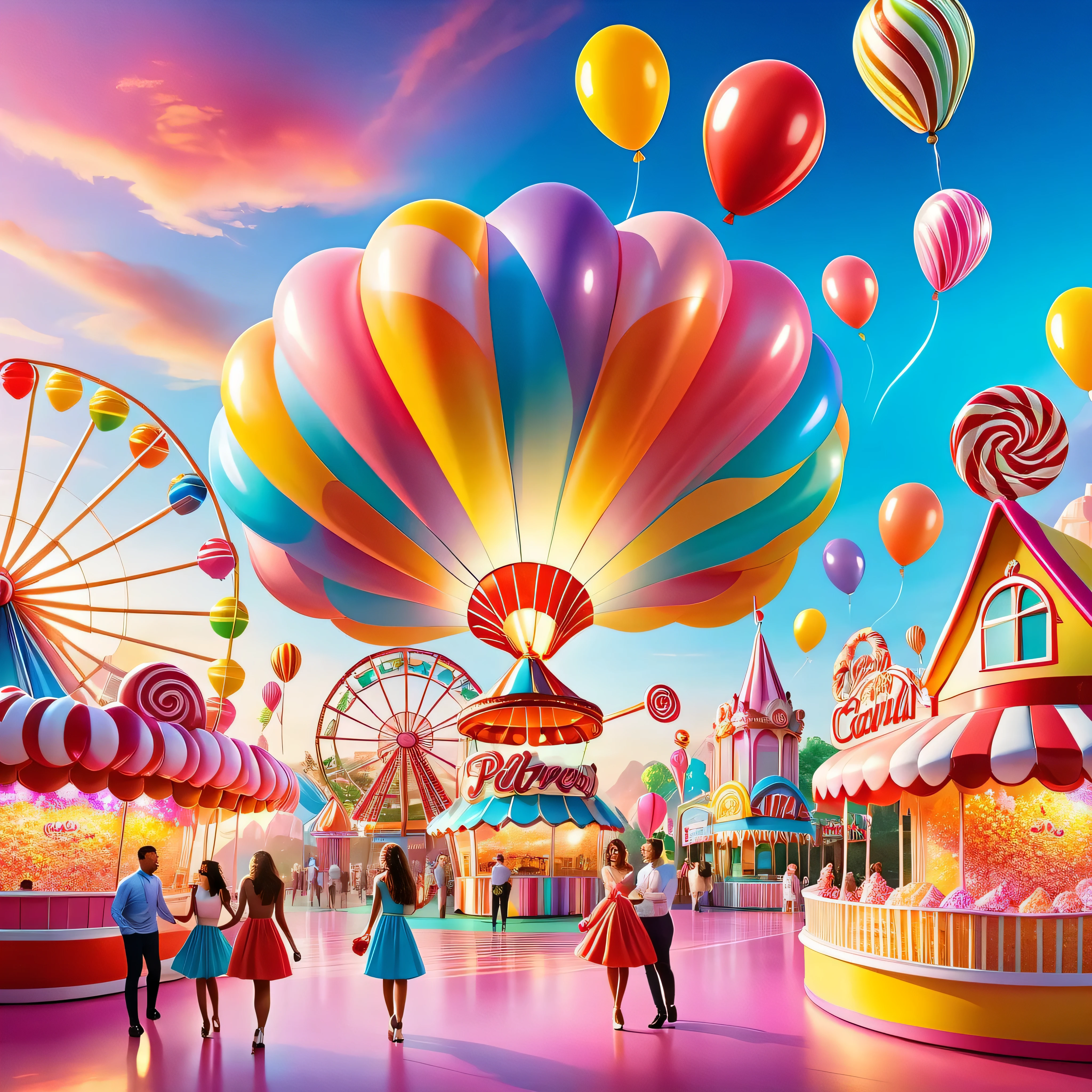 A sunset over a vibrant Candyland, with colorful balloons, ice cream, and drinks 🎈🍦🍹❤(😘👩🎀👗⚜👒👡💅)🎪🎢🎡🎠. The scene is full of excitement and joy, with a variety of attractions. The sky is ablaze with a mix of warm and cool tones, creating a stunning backdrop. The lighting is soft and golden, casting a warm glow over the entire landscape. The vibrant colors of the candy-inspired structures stand out against the pastel sky. The candy-themed buildings are adorned with intricate details, from candy canes to lollipops, creating a whimsical and magical atmosphere. The balloons float in the air, adding an element of playfulness and fun to the scene. The air is filled with laughter and happy chatter as people enjoy the festive atmosphere. The characters are beautifully dressed, with elegant outfits and delicate accessories. Their eyes shine with excitement and anticipation, while their lips display a cheerful smile. The girls' dresses are adorned with bows and ribbons, adding a touch of femininity to their appearance. The scene captures the beauty of friendship and the enjoyment of a carefree day at the amusement park. The overall image quality is of the highest standard, with a focus on every minute detail. The image is ultra-detailed, bringing to life every aspect of the scene. The colors are vivid and vibrant, enhancing the magical atmosphere of the Candyland. The lighting is carefully crafted, creating a sense of depth and dimension. The photorealistic rendering adds a sense of realism to the artwork, making it appear almost like a photograph. The art style combines elements of both illustration and photography, creating a unique and captivating visual experience. The colors are carefully chosen to evoke a sense of wonder and enchantment. The scene is bathed in warm hues, creating a dreamlike ambiance. The lighting highlights the key features of the landscape, adding depth and dimension to the image. In summary, the prompt describe a beautiful sunset candyland