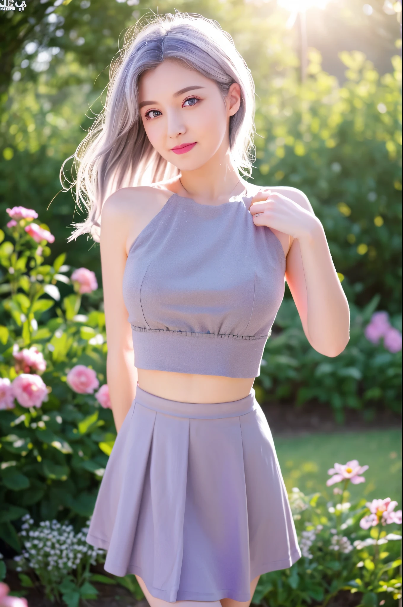 realistic, 1 girl, gray hair, purple eyes, shining eyes, crop top, skirt, parted lips, blush, night, flowers, sun, sunlight,