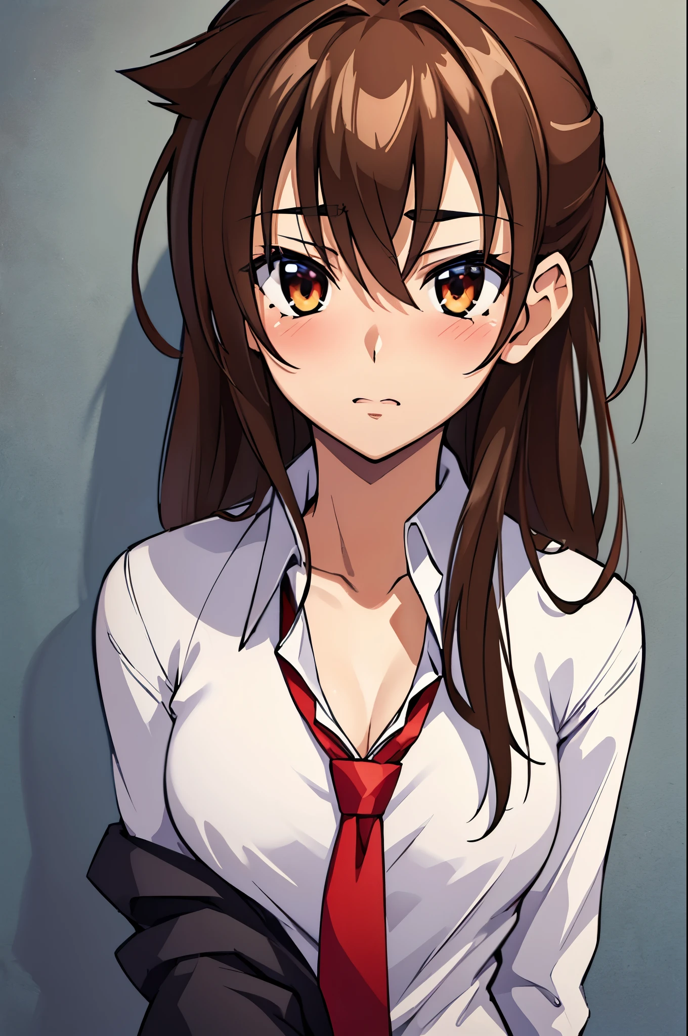 (masterpiece, best quality:1.2), expressive eyes, perfect face, highres, 1girl, solo, (female:1.5), issei_hyoudou, long hair, long sleeves , necktie, pants, red necktie, unbuttoned shirt, blushing, standing, portrait, looking at viewer,