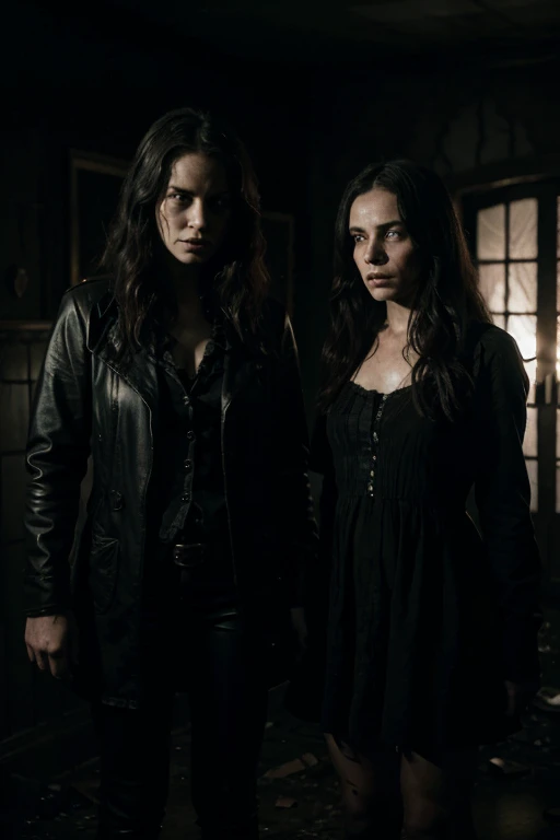 (ultra-detailed,highres)2girls in a movie horror scene,dark atmosphere,gloomy lighting,scary atmosphere,creepy setting,spooky shadows,dramatic composition,hidden faces,terrifying expressions,wild hair,staring eyes,blood splatters,abandoned house,cracked walls,broken windows,old furniture,tattered curtains,creaking floorboards,shadows lurking,wisps of mist,mystery and suspense,haunting ambiance,unsettling sounds,echoing footsteps,flickering lights,nightmare-inducing,heart-pounding tension,monster in the shadows,clawed hands,sharp fangs,evil laughter,bloody trails,demonic presence,ominous whispers,paranormal activity,bone-chilling,horror movie vibes,macabre aesthetics,gothic elements,nightmarish creatures,dark and eerie,life-threatening situation,breathless anticipation.