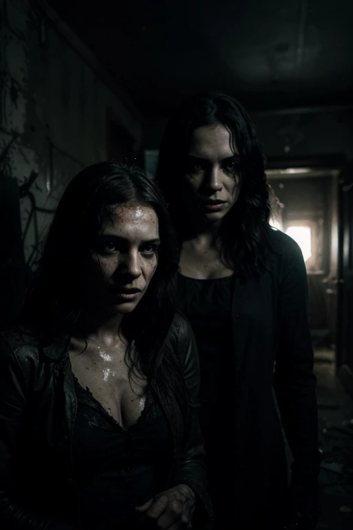 (ultra-detailed,highres)2girls in a movie horror scene,dark atmosphere,gloomy lighting,scary atmosphere,creepy setting,spooky shadows,dramatic composition,hidden faces,terrifying expressions,wild hair,staring eyes,blood splatters,abandoned house,cracked walls,broken windows,old furniture,tattered curtains,creaking floorboards,shadows lurking,wisps of mist,mystery and suspense,haunting ambiance,unsettling sounds,echoing footsteps,flickering lights,nightmare-inducing,heart-pounding tension,monster in the shadows,clawed hands,sharp fangs,evil laughter,bloody trails,demonic presence,ominous whispers,paranormal activity,bone-chilling,horror movie vibes,macabre aesthetics,gothic elements,nightmarish creatures,dark and eerie,life-threatening situation,breathless anticipation.