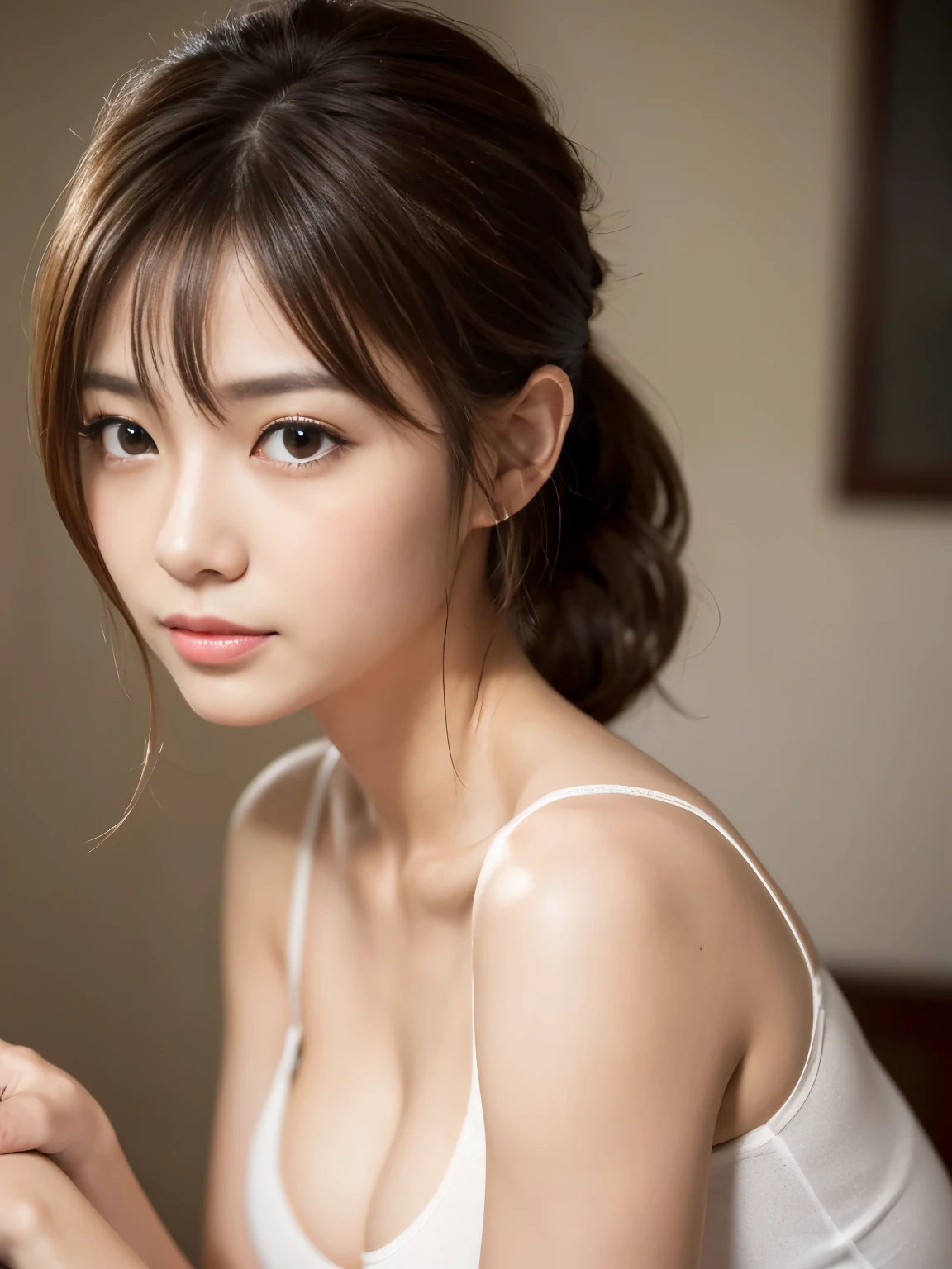(Masterpiece, Professional lighting, 16k, 8k wallpaper, raw photo, photorealistic:1.4, ultra detailed, natural gentle lighting, detailed skin, detailed face, detailed eyes, textured skins), portrait of a stunningly beautiful 25 year old, brown hair, low ponytail, tank top, panties, cleavage, busty, large breasts, looking at viewer, japanese idol,