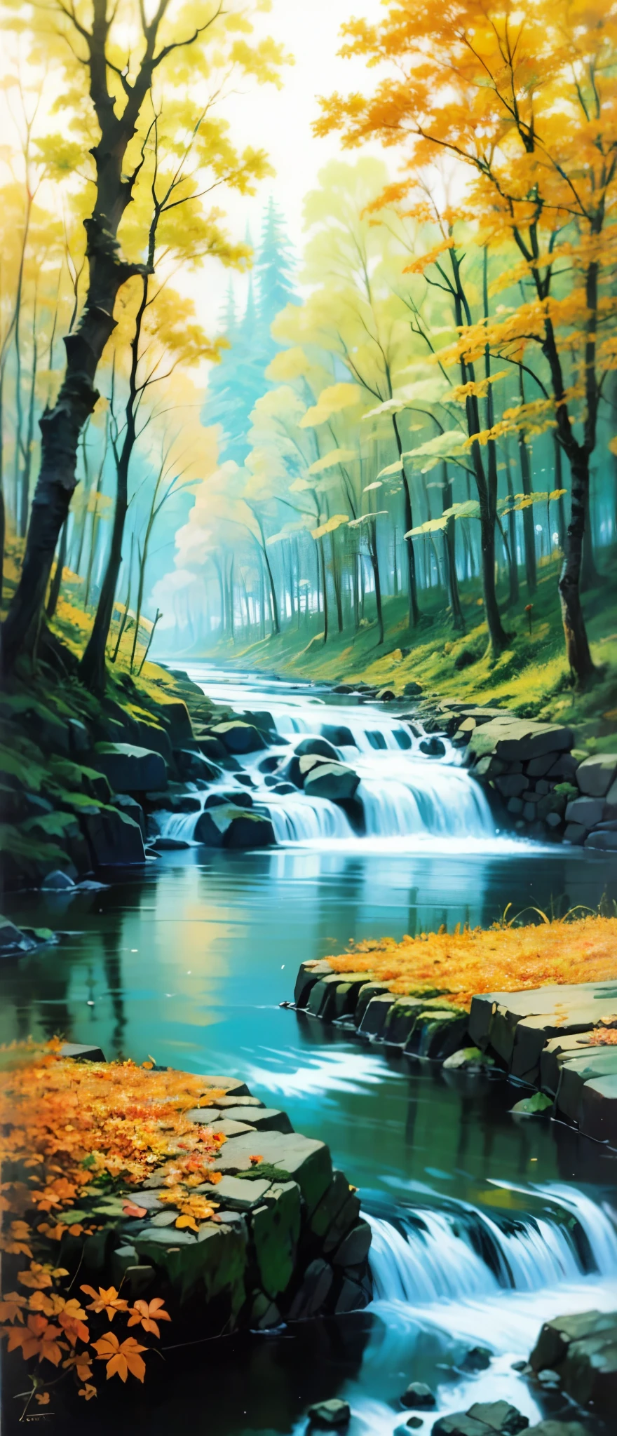 Yellow River,Gouache,Alpine flowing water,forest,