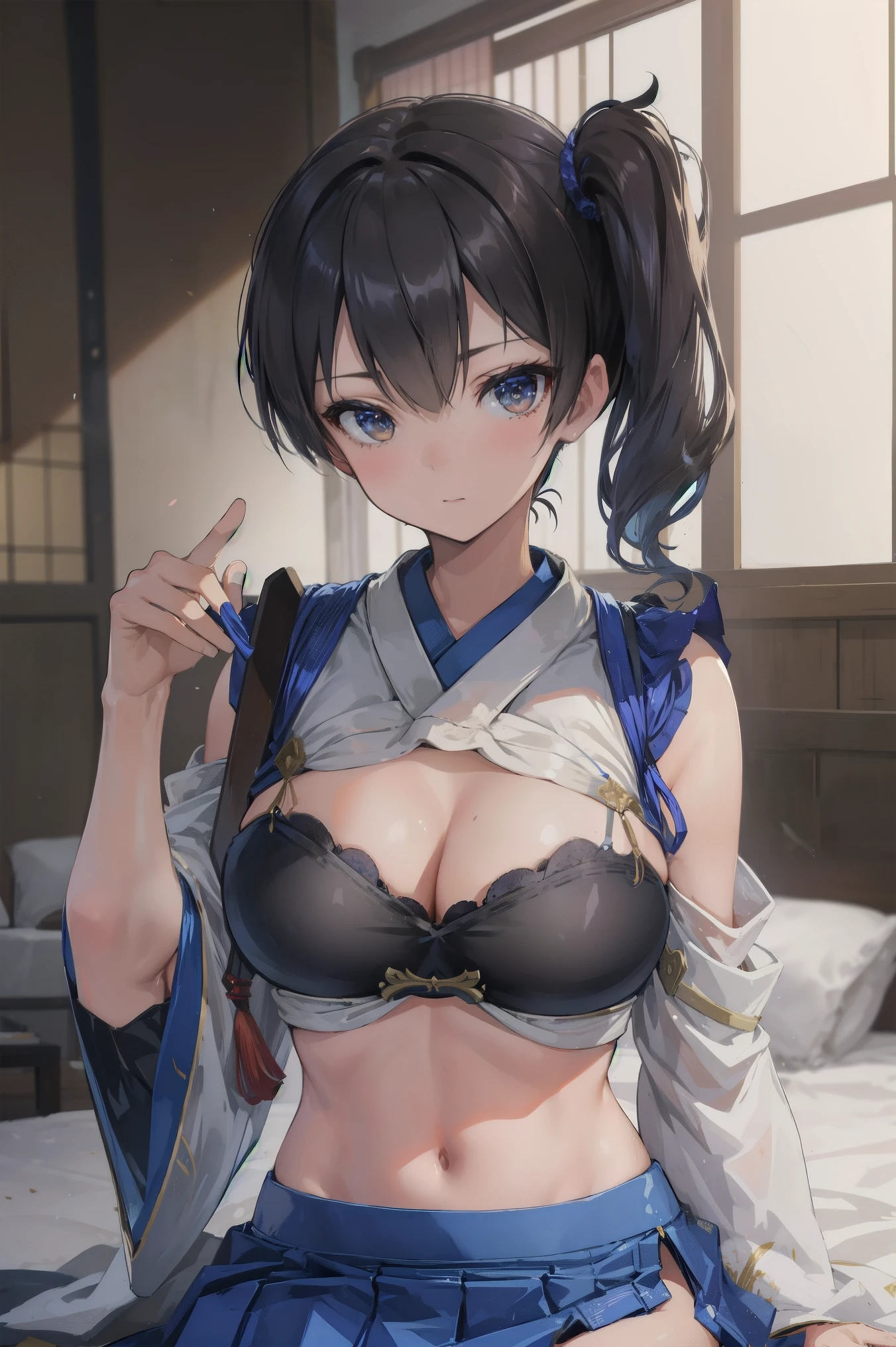 Kaga(Fleet Collection),highest quality, masterpiece, High resolution,kimono,blue skirt,side ponytail,big_breasts,