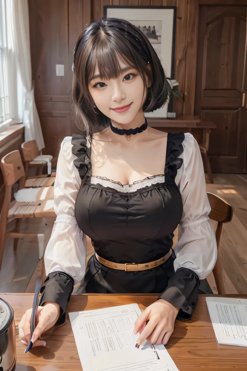 ((highest quality, 8K, Representative works in detail, ultra high resolution)), (looking at the viewer), (middle shot), attractive woman, ((big breasts)), white collared shirt, smile, ((black choker)), slim body shape, (big breasts, Blue colored contacts), long eyelashes, bangs, Beautiful shiny brown hair, Nogizaka Idol, Medival-style rooms, Wood grain walls, wooden furniture, wide々room, VIP treatment, sit facing each other across the table, There are documents and gold coins on the table, There are flowers on the table