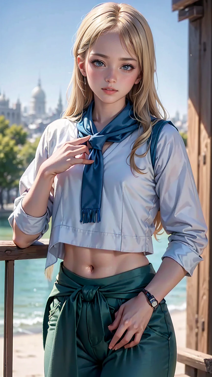 ((最high quality, 8K, masterpiece: 1.3, Ultra HD, high quality, 最high quality, High resolution, realism)) 、(high color saturation:1.0), (highly detailed skin), (最high quality:1.0), (超High resolution:1.0) ,(realistic:1.0), (Super detailed:1.0), (8K, Raw photo:1.1), slender、Slender, muscular body that's toned like an athlete's、24 year old white female、blue eyes、blonde、medium long hair、hair is wavy、Wear accessories on your wrist、Scarf Tie Blouse((scarf tie brouse))、Aladdin Pants((aladdin pants))wear、サンダルwear、pastel green background