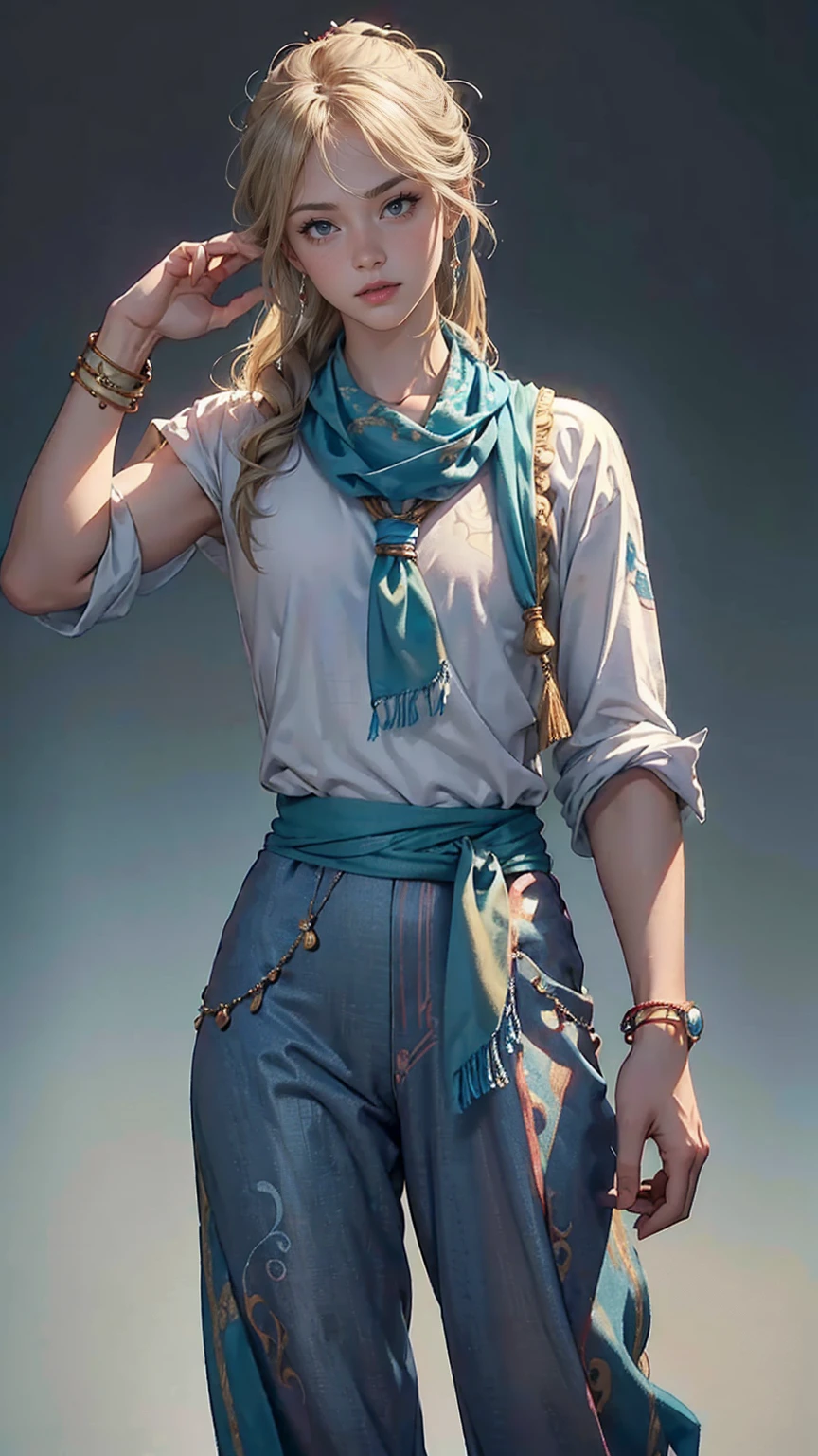 ((最high quality, 8K, masterpiece: 1.3, Ultra HD, high quality, 最high quality, High resolution, realism)) 、(high color saturation:1.0), (highly detailed skin), (最high quality:1.0), (超High resolution:1.0) ,(realistic:1.0), (Super detailed:1.0), (8K, Raw photo:1.1), slender、Slender, muscular body that's toned like an athlete's、24 year old white female、blue eyes、blonde、medium long hair、hair is wavy、Wear accessories on your wrist、Scarf Tie Blouse((scarf tie brouse))、Aladdin Pants((aladdin pants))wear、サンダルwear、pastel green background