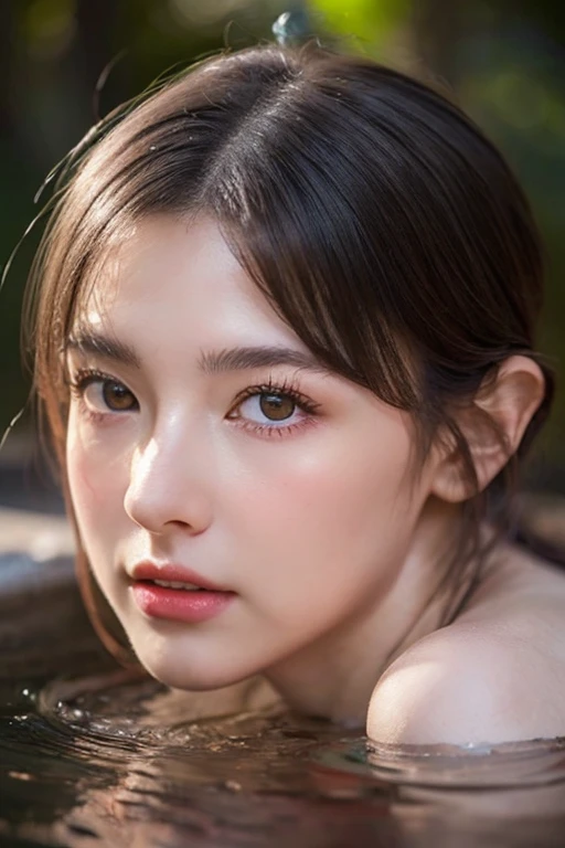((2girlest Quality)), (Ultra-detailed), (extremely detailed CG unified 8k wallpaper), Highly detailed, High-definition raw color photos, Professional Photography, Peanut butter brown hair, Amazing face and eyes, Pink eyes, (amazingly beautiful girl), Hot spring, onsen, forest, forest bathing,