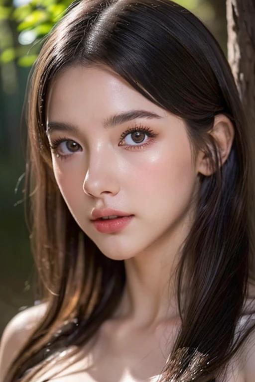 ((2girlest Quality)), (Ultra-detailed), (extremely detailed CG unified 8k wallpaper), Highly detailed, High-definition raw color photos, Professional Photography, Peanut butter brown hair, Amazing face and eyes, Pink eyes, (amazingly beautiful girl), Hot spring, onsen, forest, forest bathing,