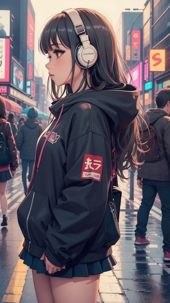 (masterpiece), (highest quality:1.4), (ultra high resolution:1.2), super detailed background, (unity 8k wallpaper),Shibuya Ward、city pop、(headphones:1.2)、masterpiece, (anime girl alone:1.3), incredibly absurd, hoodie,pedestrian crossing, outdoor, rain, Tokyo, neon light.high school girl、profile、whole body、