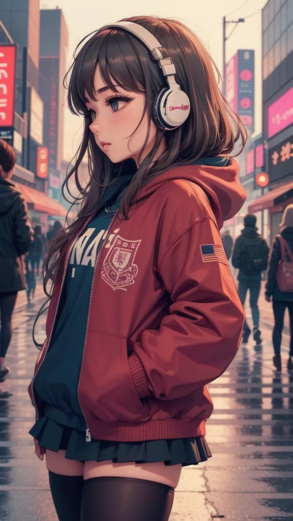 (masterpiece), (highest quality:1.4), (ultra high resolution:1.2),  super detailed background, (unity 8k wallpaper),Shibuya Ward、city pop、(headphones:1.2)、masterpiece, (anime girl alone:1.3), incredibly absurd, hoodie,pedestrian crossing, outdoor, rain, Tokyo, neon light.high school girl、profile、whole body、