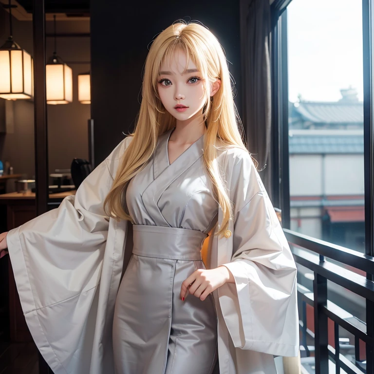 Asian young woman with blond hair and light grey eyes