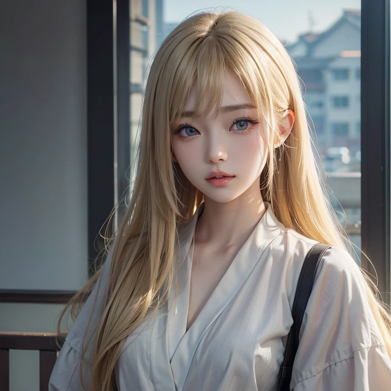 Asian young woman with blond hair and light grey eyes
