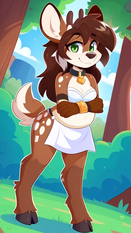 by Kilinah, by Coffeesoda, by Hioshiru, by Kilinah, Furry, Anthro, Female, Solo, smug smile, (half-closed eyes), long brown Hair (white highlights in hair), brown Tail, (green eyes), looking at the viewer, (medium breasts, hips), (deer), (forest, day), (brown body, two-tone fur), extremely detailed, extremely detailed legs, extremely detailed arms, extremely detailed face, perfectly detailed eyes, perfectly detailed anatomy), perfect lighting, (white bra, white loincloth, tribal clothes, tribal tattoos, tribal collar, tribal wristband, tribal jewelry), standing, (hooves feet), leaning fordward, bend over, crossing arms,big belly.
