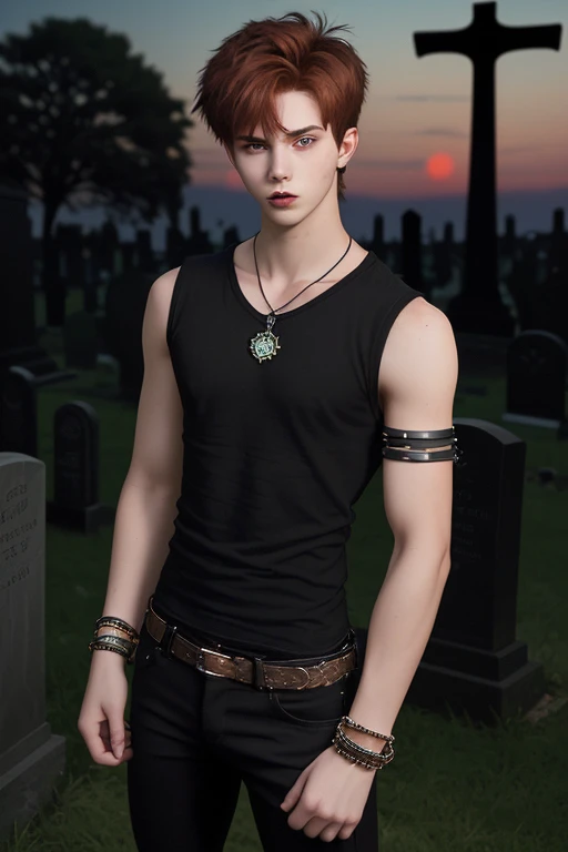 20-year-old boy, short reddish brown hair, black sleeveless shirt, slim muscular build, black jeans, looking straight at the viewer, green eyes, vampire medallion, black bracelets on both arms in the background of a cemetery at night