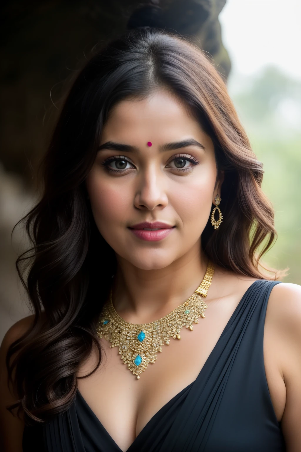 day scene, closeup photo of Rashi Khanna from top view, lying in a cave, spreading legs, armpits, wearing saree, cleavage show, welcoming viewer for intimate moments, large breasts, chubby cheeks, jewellery, ruby necklace, black ponytail hair, (blue eyes:0.8), seductive mature face, 30 yo, look at viewer and smile, movie still, cinematic lighting, detailed symmetric realistic face, extremely detailed natural texture, peach fuzz, masterpiece, absurdres, nikon d850 film stock photograph, kodak portra 400 camera f1.6 lens, extremely detailed, amazing, fine detail, hyper realistic lifelike texture, dramatic lighting, unrealengine, trending on artstation, cinestill 800 tungsten, looking at the viewer, photo realistic, RAW photo, high quality, highres, sharp focus, extremely detailed, cinematic lighting, 8k uhd,-imagine-