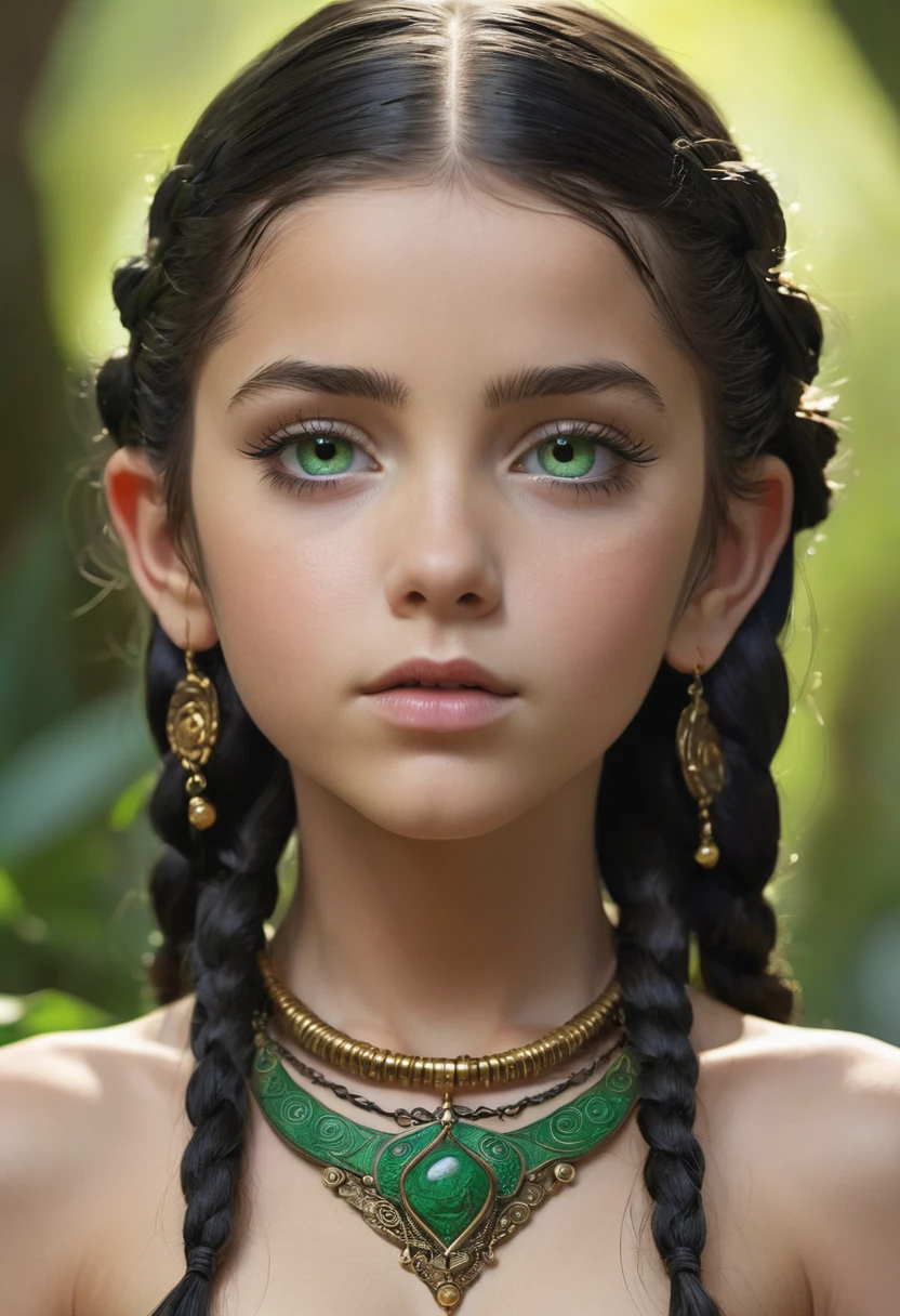 ((​masterpiece)), ((Best quality)), ((highres)), ((Extreme detail CG Unity 8K wallpaper)), little Anunaki girl, ((12 years old)), ((childlike figure)), beautiful face, Green eyes, freckles, beautiful lips, Neck and upper body tattooed with symbols, black hair french braids, nose ring, ((skinny body)), naked, small nipples, Small breasts, ((vagina with little black hair)), lies on an altar, lies on the back and opens the legs, ((with her hands she spreads her vagina)), Labia are visible, Background ecclesiastical, Nuns in the background 